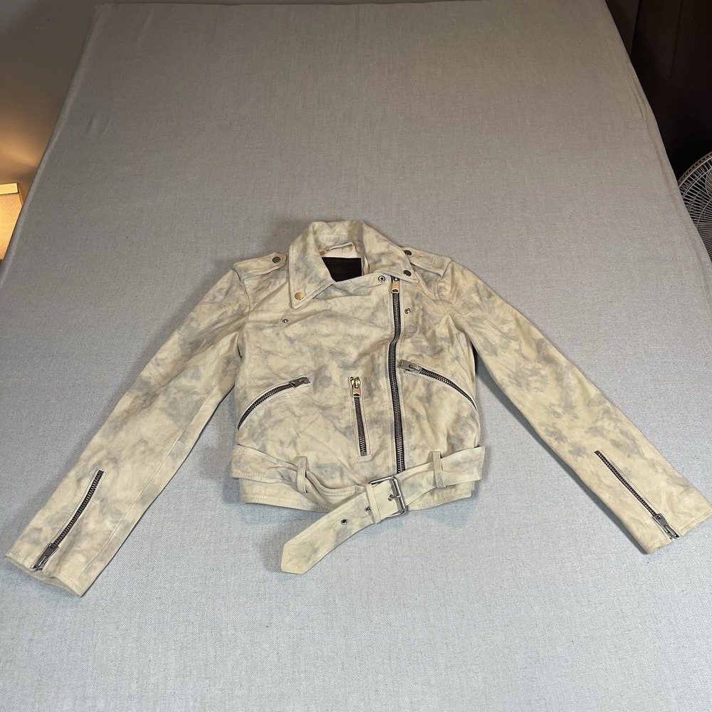 Allsaints Womens Suede Balfern Biker Jacket‎ Sz 4 Warm Taupe Marbled Luxury - Picture 2 of 16